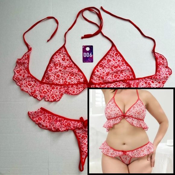 Plus Holiday Lingerie bikini with red lips and hearts NWT - Picture 1 of 8
